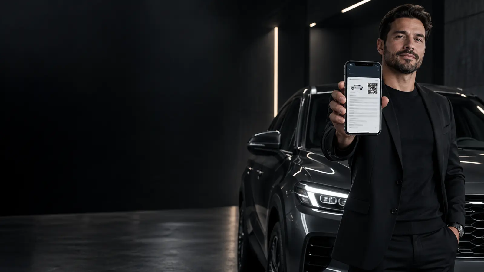 Homem mostrando uma representação de documento veicular no celular